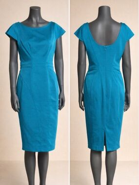 ZAC Zac Posen Blue Sheath Dress Size L Bateau Neck Short Sleeve Designer
